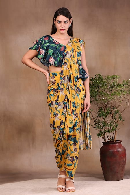 Soup By Sougat Paul Yellow Muslin Slub Asymmetric Printed Pre-draped Saree With Blouse 