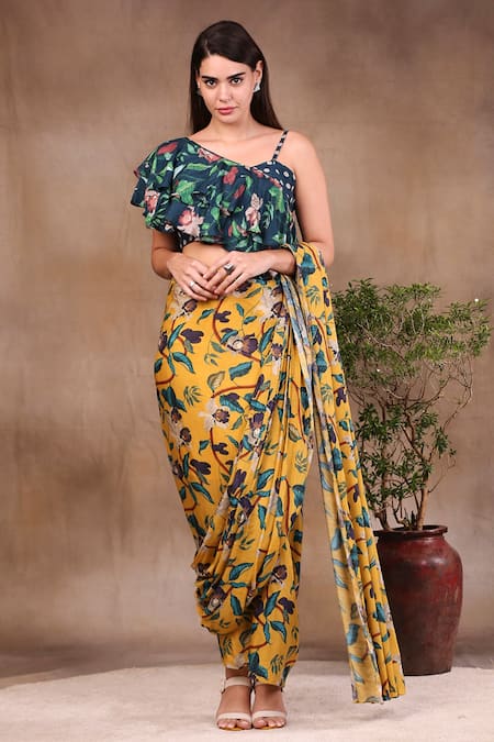 Soup By Sougat Paul_Yellow Muslin Slub Asymmetric Printed Pre-draped Saree With Blouse _Online_at_Aza_Fashions