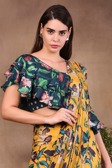 Buy_Soup By Sougat Paul_Yellow Muslin Slub Asymmetric Printed Pre-draped Saree With Blouse _Online_at_Aza_Fashions