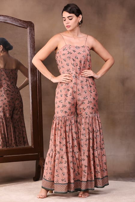 Soup By Sougat Paul_Peach Cotton Silk Square Neck Printed Jumpsuit With Jacket _Online_at_Aza_Fashions
