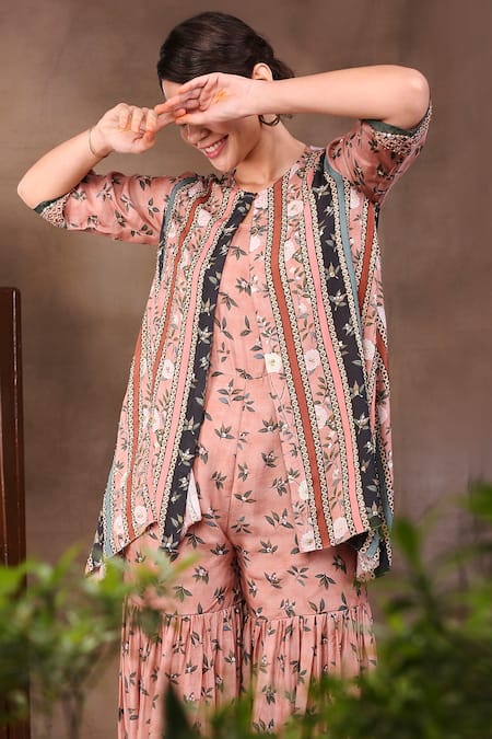 Buy_Soup By Sougat Paul_Peach Cotton Silk Square Neck Printed Jumpsuit With Jacket _Online_at_Aza_Fashions