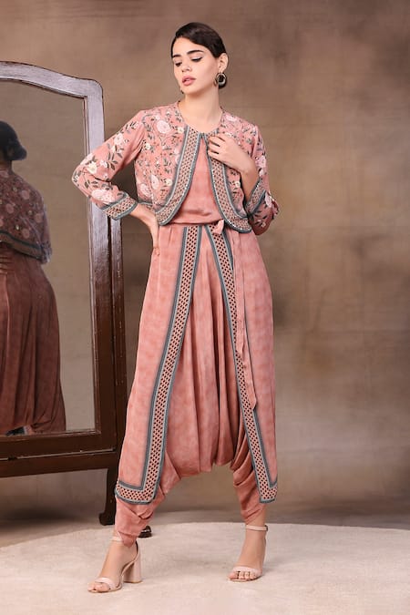 Soup By Sougat Paul_Peach Crepe Round Printed Jumpsuit With Jacket _Online_at_Aza_Fashions