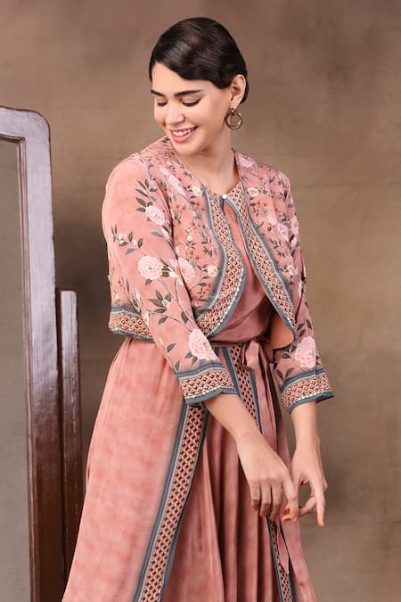 Buy_Soup By Sougat Paul_Peach Crepe Round Printed Jumpsuit With Jacket _Online_at_Aza_Fashions