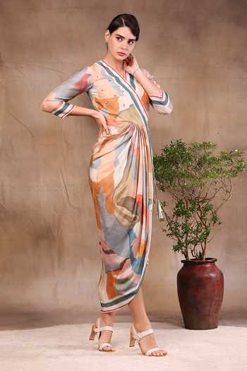 Buy_Soup By Sougat Paul_Multi Color Cotton Silk V Neck Printed Wrap Dress _Online_at_Aza_Fashions