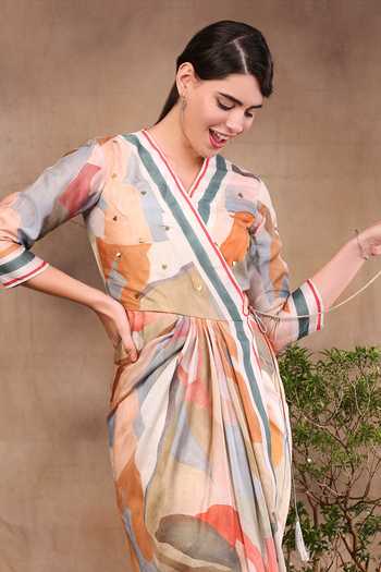 Shop_Soup By Sougat Paul_Multi Color Cotton Silk V Neck Printed Wrap Dress _Online_at_Aza_Fashions