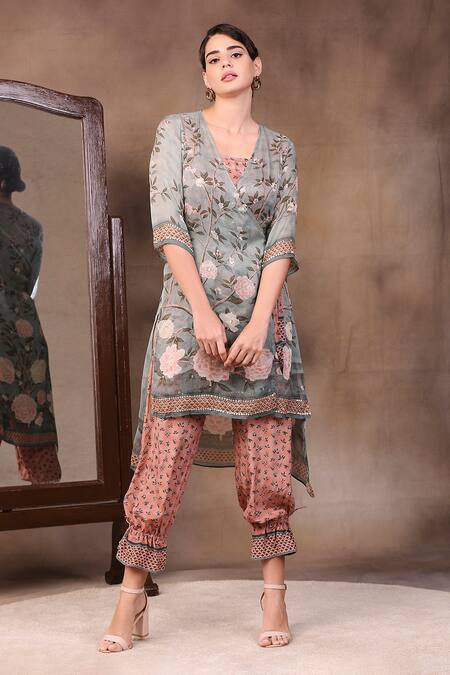 Soup By Sougat Paul_Green Glitter Fabric And Muslin Slub V Neck Printed Jumpsuit With Jacket _Online_at_Aza_Fashions