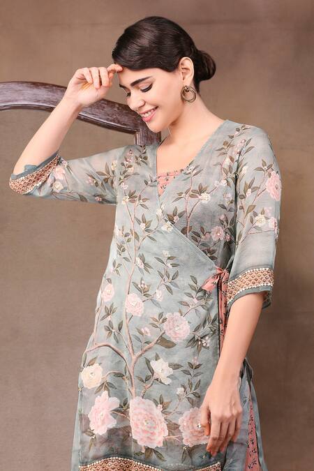 Buy_Soup By Sougat Paul_Green Glitter Fabric And Muslin Slub V Neck Printed Jumpsuit With Jacket _Online_at_Aza_Fashions