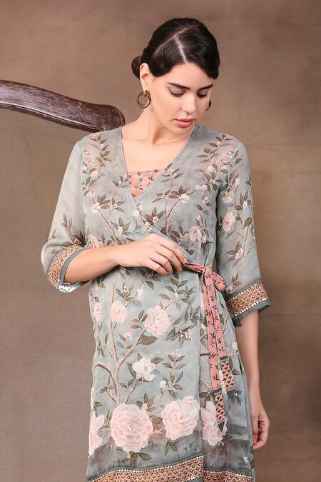 Shop_Soup By Sougat Paul_Green Glitter Fabric And Muslin Slub V Neck Printed Jumpsuit With Jacket _Online_at_Aza_Fashions