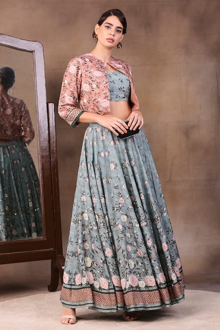 Soup By Sougat Paul_Green Muslin Slub Round Printed Lehenga With Jacket _Online_at_Aza_Fashions