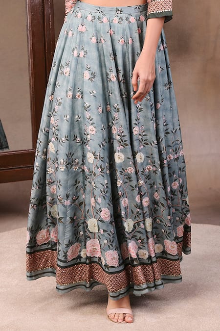 Shop_Soup By Sougat Paul_Green Muslin Slub Round Printed Lehenga With Jacket _Online_at_Aza_Fashions