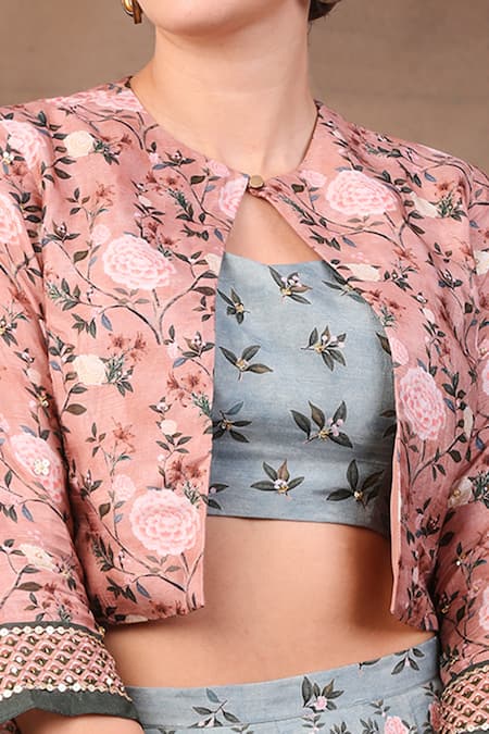 Soup By Sougat Paul_Green Muslin Slub Round Printed Lehenga With Jacket _at_Aza_Fashions