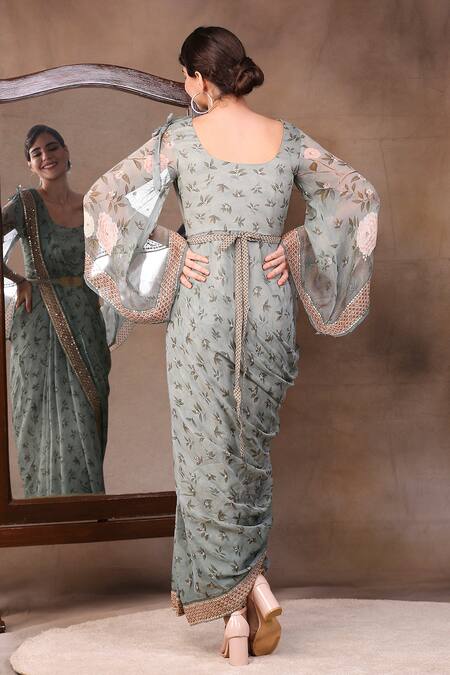 Shop Soup By Sougat Paul Green Glitter Fabric Round Printed Draped Saree Gown at Aza Fashions Shop_Soup By Sougat Paul_Green Glitter Fabric Round Printed Draped Saree Gown _at_Aza_Fashions