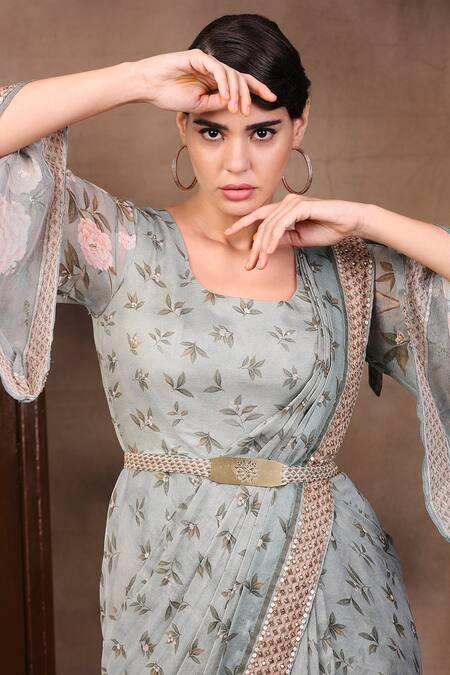 Buy Soup By Sougat Paul Green Glitter Fabric Round Printed Draped Saree Gown Online at Aza Fashions Buy_Soup By Sougat Paul_Green Glitter Fabric Round Printed Draped Saree Gown _Online_at_Aza_Fashions