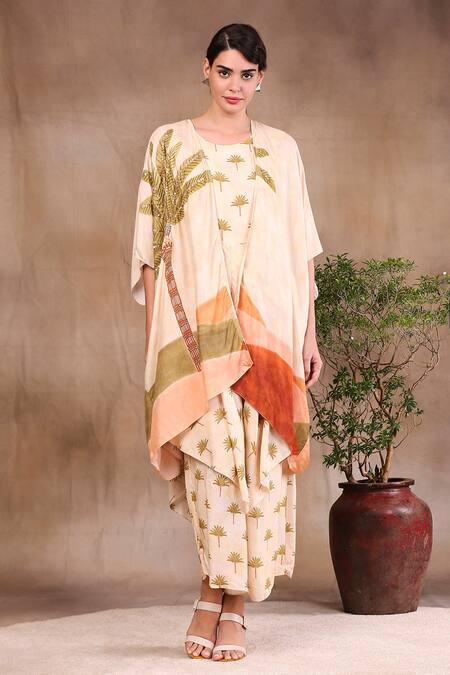 Soup By Sougat Paul_Beige Muslin Slub Printed Round Layered Jumpsuit With Jacket _Online_at_Aza_Fashions
