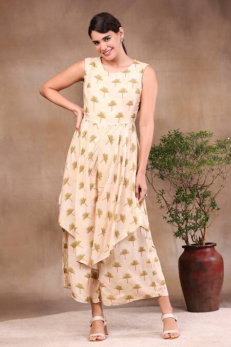 Buy_Soup By Sougat Paul_Beige Muslin Slub Printed Round Layered Jumpsuit With Jacket _Online_at_Aza_Fashions