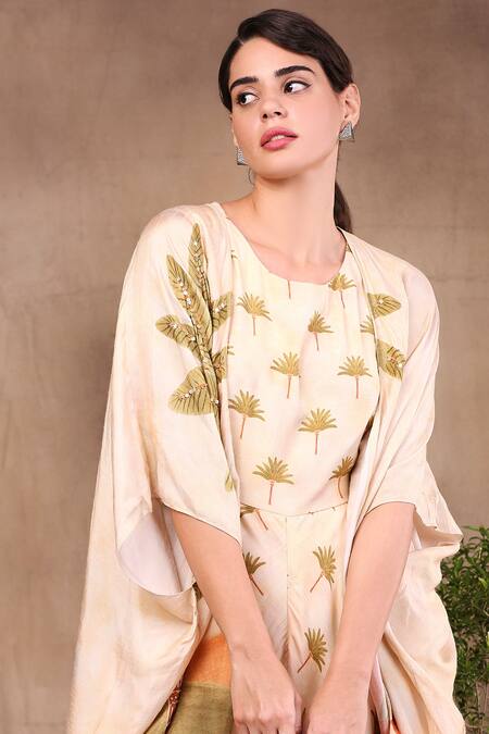 Shop_Soup By Sougat Paul_Beige Muslin Slub Printed Round Layered Jumpsuit With Jacket _Online_at_Aza_Fashions