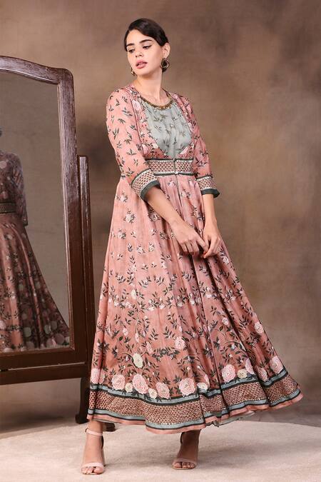 Soup By Sougat Paul_Peach Glitter Fabric And Malaysian Silk Round Printed Dress With Jacket _Online_at_Aza_Fashions