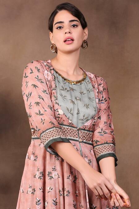 Buy_Soup By Sougat Paul_Peach Glitter Fabric And Malaysian Silk Round Printed Dress With Jacket _Online_at_Aza_Fashions
