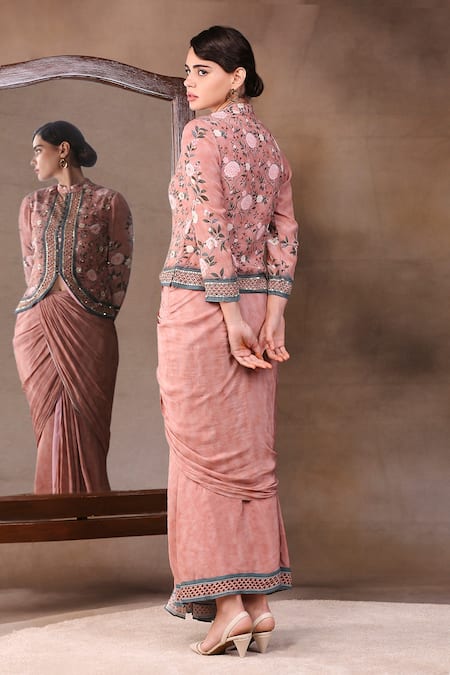 Soup By Sougat Paul Floral Print Jacket & Draped Skirt Set 