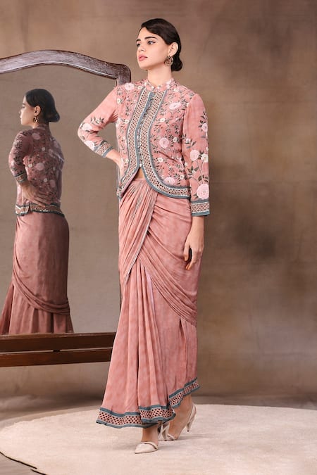 Soup By Sougat Paul_Peach Crepe Printed Mandarin Collar Floral Jacket And Draped Skirt Set _Online_at_Aza_Fashions