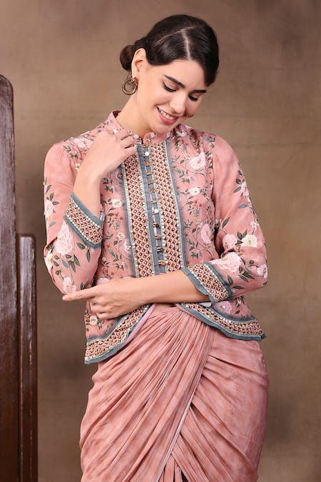 Buy_Soup By Sougat Paul_Peach Crepe Printed Mandarin Collar Floral Jacket And Draped Skirt Set _Online_at_Aza_Fashions