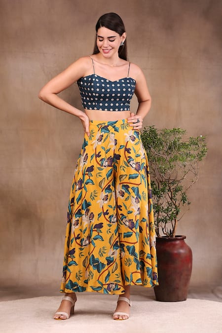 Buy_Soup By Sougat Paul_Yellow Printed Open Jacket And Flared Pant Set _Online_at_Aza_Fashions