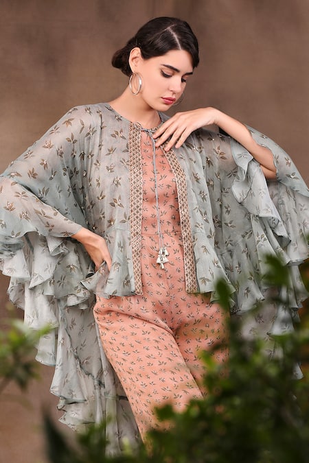 Shop_Soup By Sougat Paul_Blue Shimmer Round Printed Jumpsuit With Jacket _Online_at_Aza_Fashions