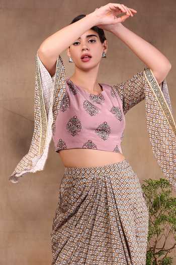 Soup By Sougat Paul_Pink Crepe Round Printed Top With Draped Skirt _Online_at_Aza_Fashions