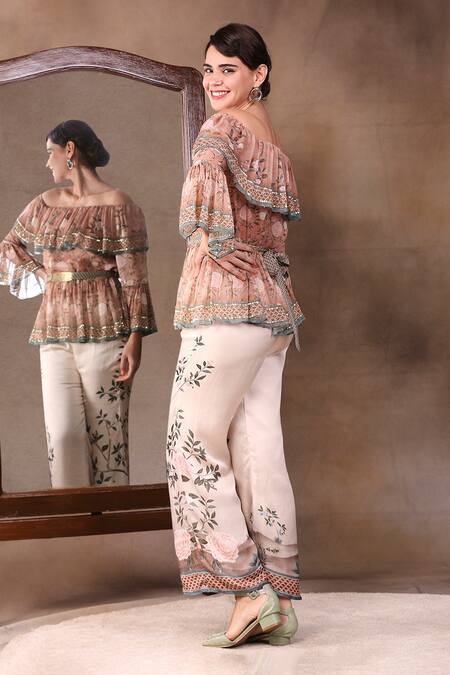 Soup By Sougat Paul_White Glitter Fabric And Satin One Shoulder Printed Top With Flared Pants _Online_at_Aza_Fashions