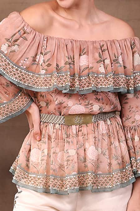 Soup By Sougat Paul_White Glitter Fabric And Satin One Shoulder Printed Top With Flared Pants _at_Aza_Fashions