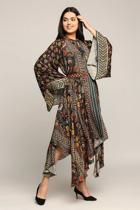 Shop Soup By Sougat Paul Black Muslin Slub Batik Prints Band Collar Asymmetric Tunic at Aza Fashions Shop_Soup By Sougat Paul_Black Muslin Slub Batik Prints Band Collar Asymmetric Tunic _at_Aza_Fashions