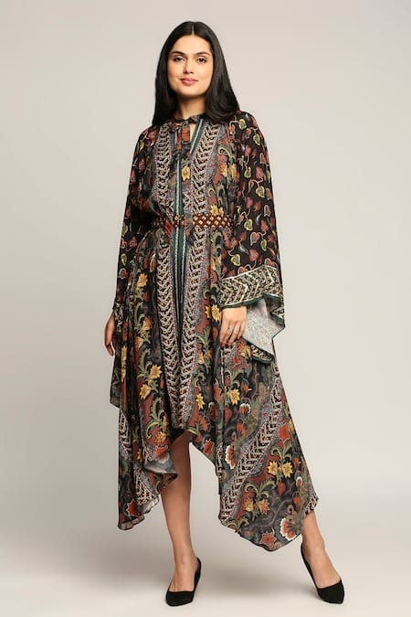 Soup By Sougat Paul Black Muslin Slub Batik Prints Band Collar Asymmetric Tunic Online at Aza Fashions Soup By Sougat Paul_Black Muslin Slub Batik Prints Band Collar Asymmetric Tunic _Online_at_Aza_Fashions
