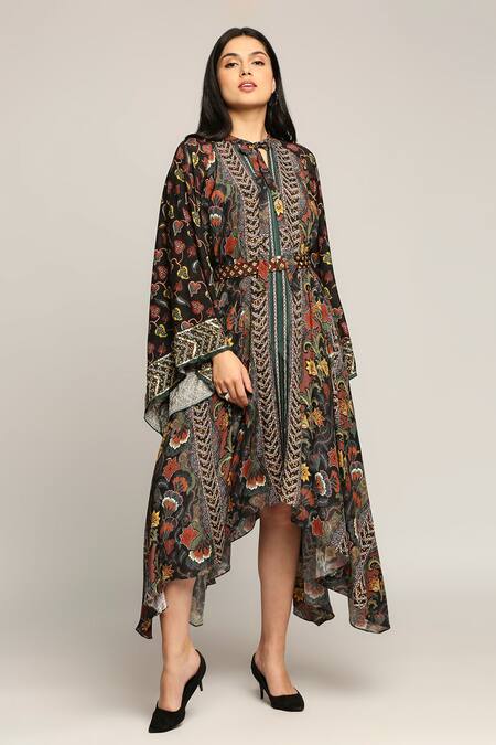 Buy Soup By Sougat Paul Black Muslin Slub Batik Prints Band Collar Asymmetric Tunic Online at Aza Fashions Buy_Soup By Sougat Paul_Black Muslin Slub Batik Prints Band Collar Asymmetric Tunic _Online_at_Aza_Fashions