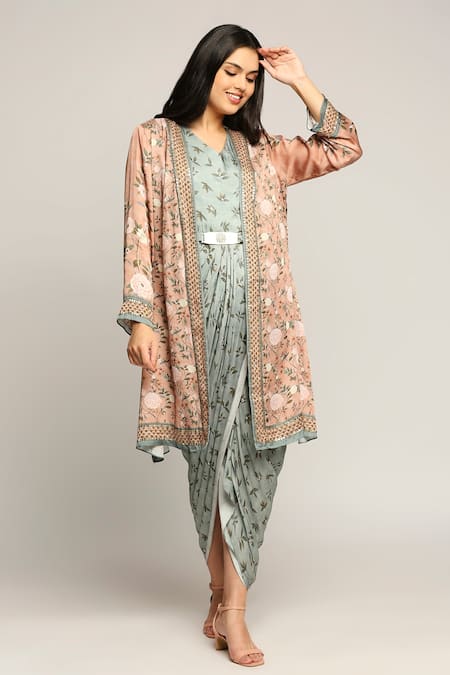 Soup By Sougat Paul_Green Satin Leaf And Floral Motifs Tunic V-neck Draped With Jacket _Online_at_Aza_Fashions