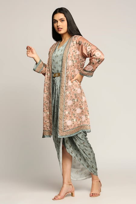 Buy_Soup By Sougat Paul_Green Satin Leaf And Floral Motifs Tunic V-neck Draped With Jacket _Online_at_Aza_Fashions