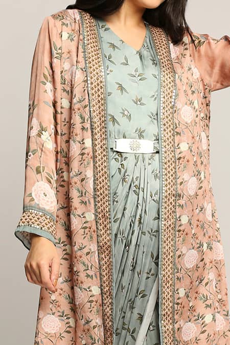 Shop_Soup By Sougat Paul_Green Satin Leaf And Floral Motifs Tunic V-neck Draped With Jacket _Online_at_Aza_Fashions