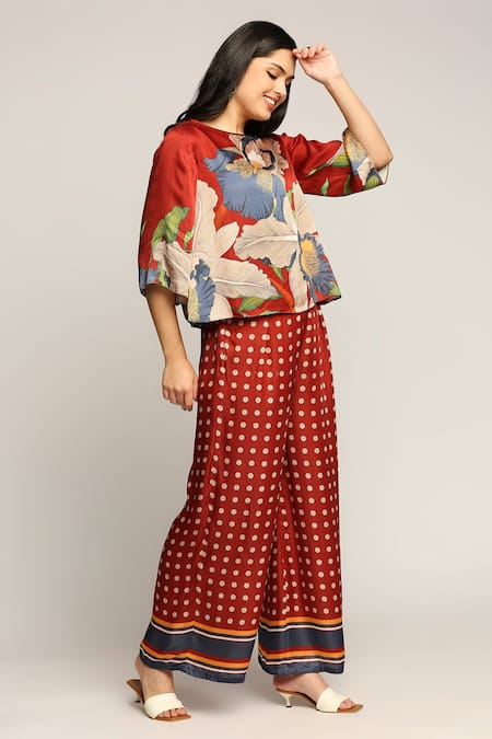 Soup By Sougat Paul_Red Satin Orchid Motifs Boat Bloom Print Pant Set _Online_at_Aza_Fashions