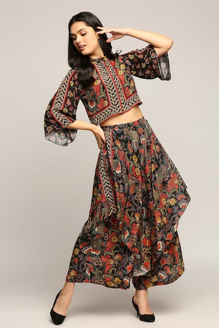 Soup By Sougat Paul_Black Crepe Batik Prints Band Collar Layered Pant And Jacket Set _Online_at_Aza_Fashions