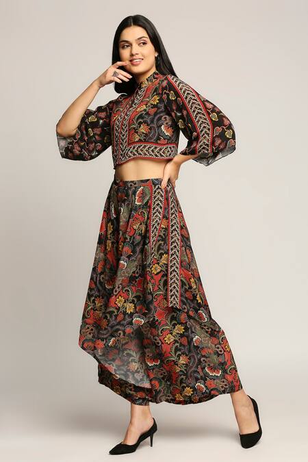 Buy_Soup By Sougat Paul_Black Crepe Batik Prints Band Collar Layered Pant And Jacket Set _Online_at_Aza_Fashions