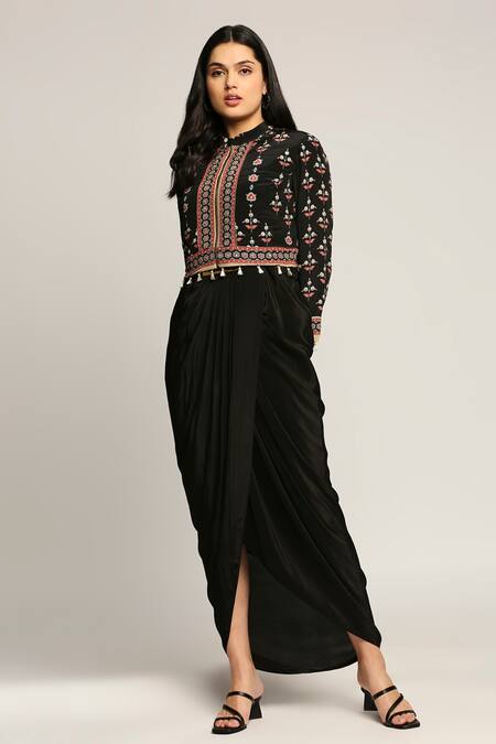 Buy_Soup By Sougat Paul_Black Crepe Jacket Mandarin Collar Draped Tunic With Printed _Online_at_Aza_Fashions