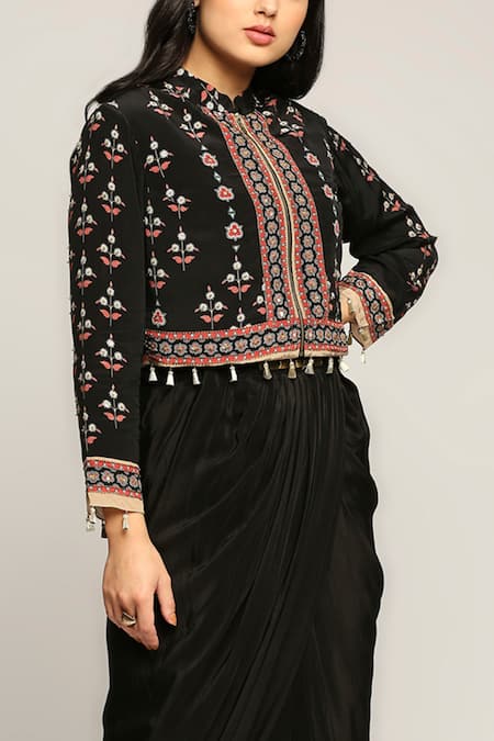 Shop_Soup By Sougat Paul_Black Crepe Jacket Mandarin Collar Draped Tunic With Printed _Online_at_Aza_Fashions