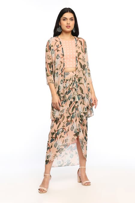 Soup by Sougat Paul Printed Draped Skirt Set With Jacket 