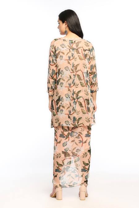 Shop_Soup By Sougat Paul_Peach Georgette Floral Motifs Round Printed Draped Skirt Set With Jacket _at_Aza_Fashions