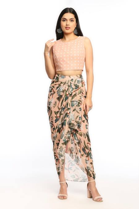 Soup By Sougat Paul_Peach Georgette Floral Motifs Round Printed Draped Skirt Set With Jacket _Online_at_Aza_Fashions