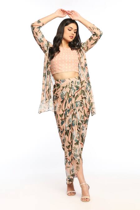 Buy_Soup By Sougat Paul_Peach Georgette Floral Motifs Round Printed Draped Skirt Set With Jacket _Online_at_Aza_Fashions