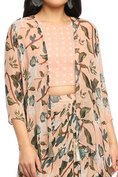 Shop_Soup By Sougat Paul_Peach Georgette Floral Motifs Round Printed Draped Skirt Set With Jacket _Online_at_Aza_Fashions