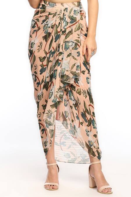 Soup By Sougat Paul_Peach Georgette Floral Motifs Round Printed Draped Skirt Set With Jacket _at_Aza_Fashions
