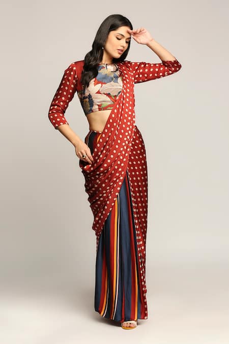 Shop_Soup By Sougat Paul_Red Satin Floral Motifs Crew Neck Orchid Bloom Pre-stitched Saree With Blouse  _at_Aza_Fashions