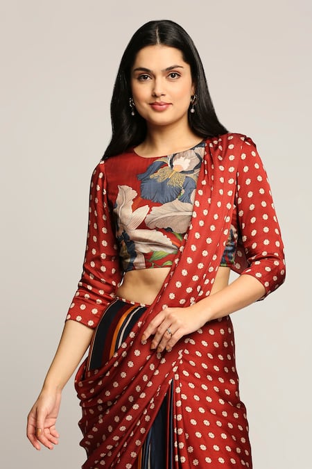Buy_Soup By Sougat Paul_Red Satin Floral Motifs Crew Neck Orchid Bloom Pre-stitched Saree With Blouse  _Online_at_Aza_Fashions