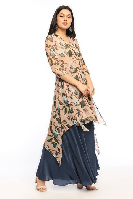 Soup By Sougat Paul_Peach Crepe, Georgette Floral Motifs V Neck Orchid Bloom Kurta And Palazzo Set  _Online_at_Aza_Fashions